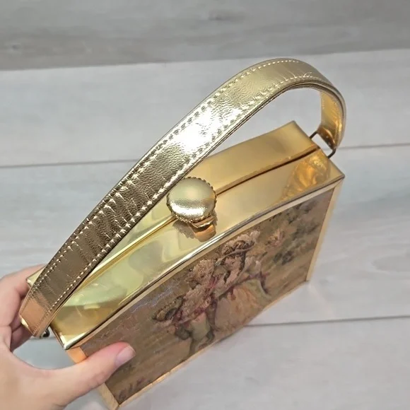 Vintag1960s TYROLEAN Bag Tapestry Cloth Embroidered Puffed Puffy Victorian Purse - Picture 6 of 13